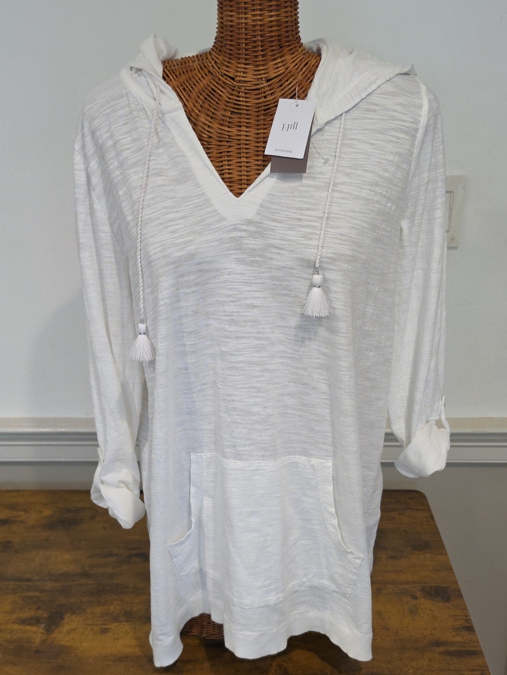 NWT J. Jill White Lightweight Hooded Tunic with Tassel Drawcords